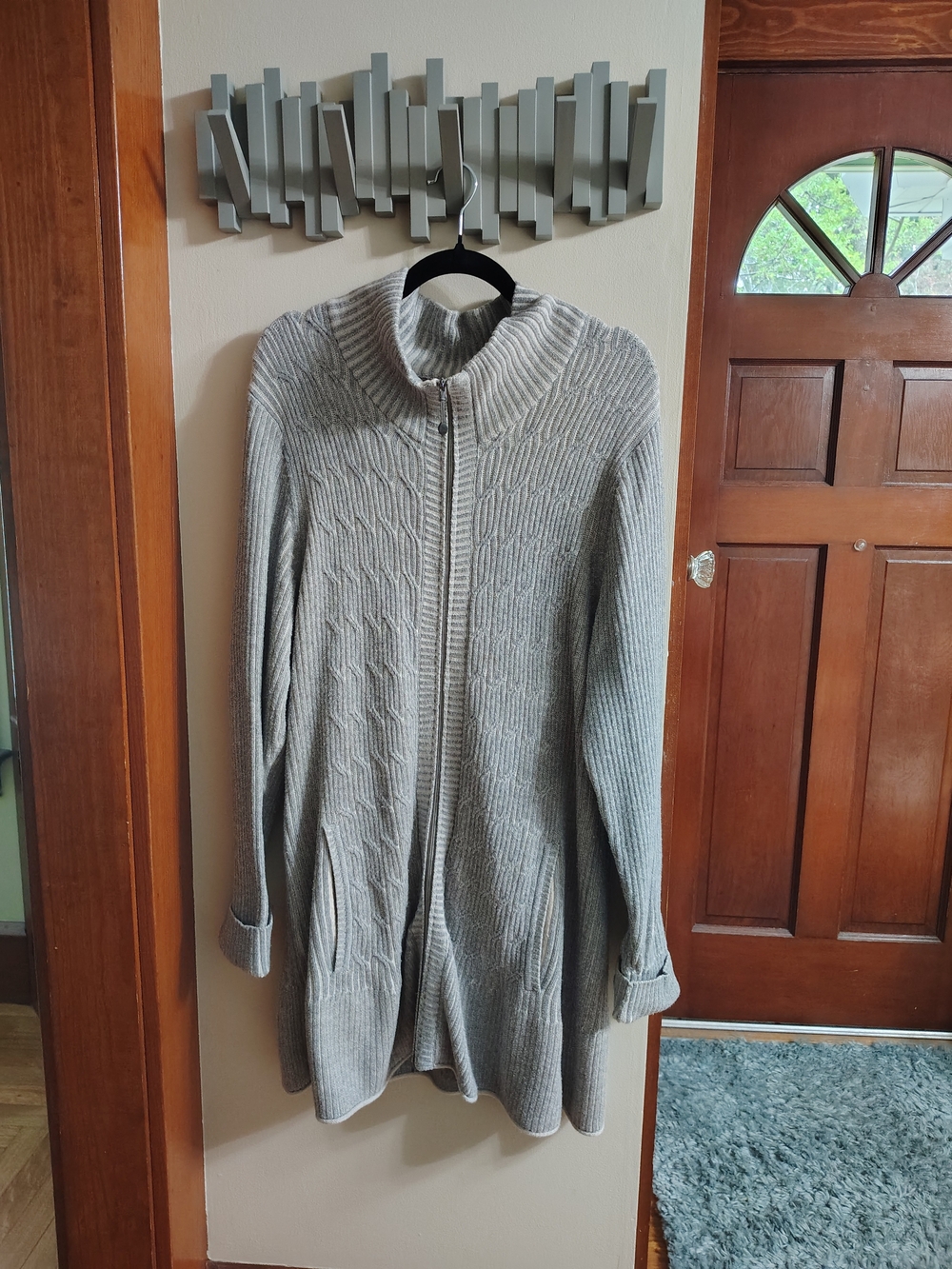 Eddie Bauer Light Gray Zip-Front Cable Knit Long Cardigan